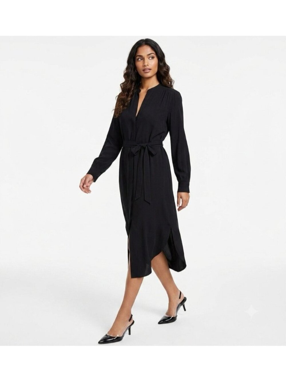 BOSS Hugo Boss Dibanorah Belted Midi Shirt Dress Sz 14 Black Viscose Long Sleeve